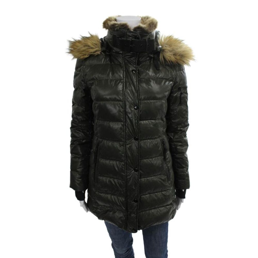 S13 NYC Womens Puffer Jacket Green Nylon Button Long Sleeve Winter Size S